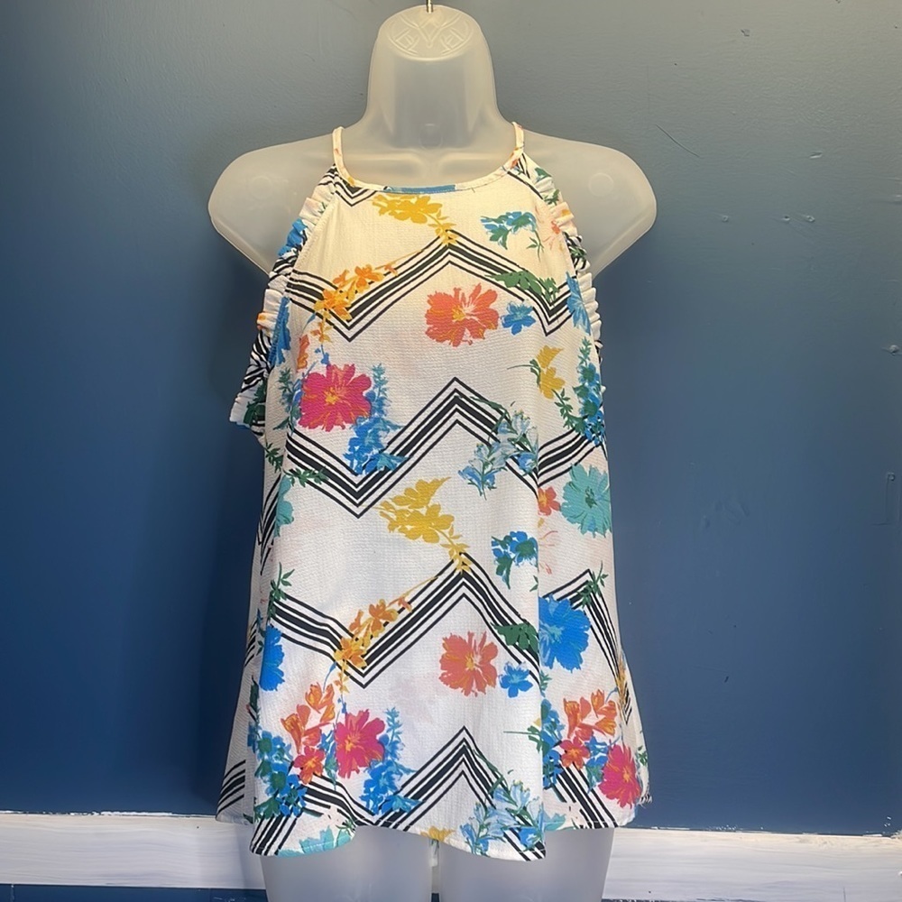 White & Black Zig Zag Floral Halter Top